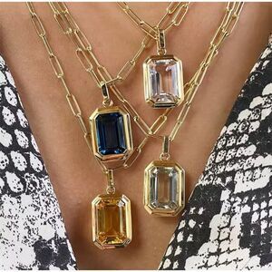18k Gold Plated Paperclip Chain Necklace Blue Emerald Cut Pendant Chic Trendy